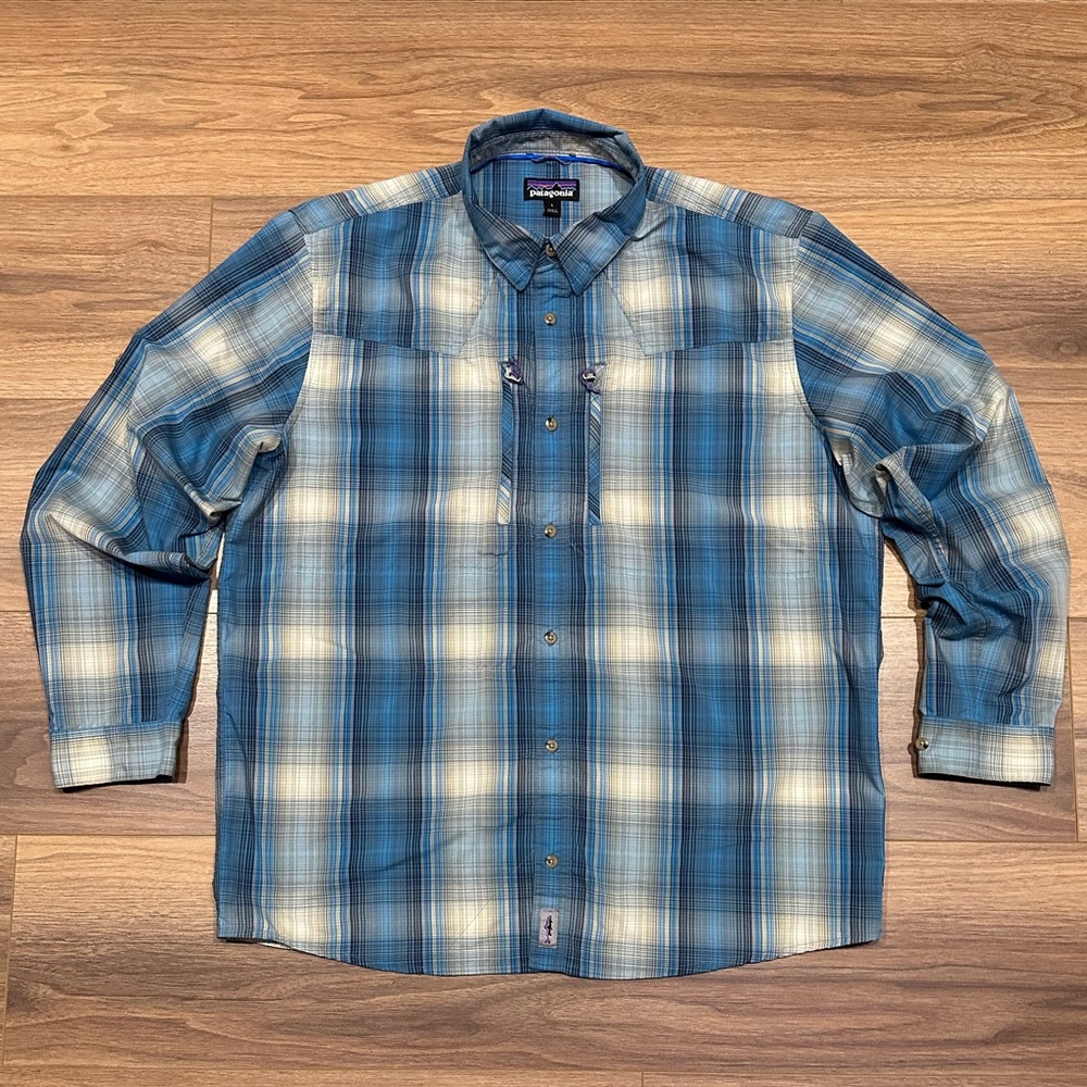 Patagonia Long Sleeve Sun Stretch Shirt in Blue/White Plaid Size Large